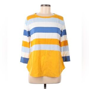 COS L Sweater Top Striped Blue White Yellow Buttoned up Back Silk Hem Excellent